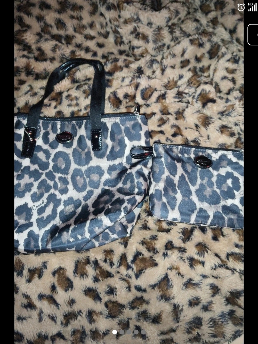 Coach Leopard Print Tote Bag with Pouch - Gray/Black